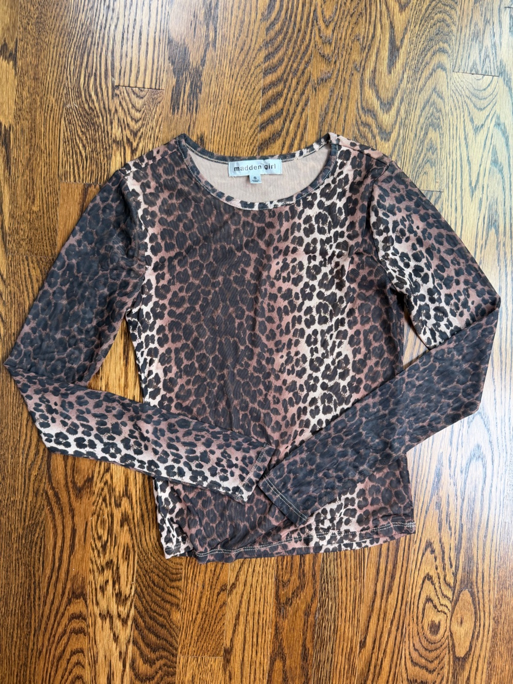 Madden Girl Women’s Sheer Leopard Animal Neutral Grunge Print Long Sleeve Too